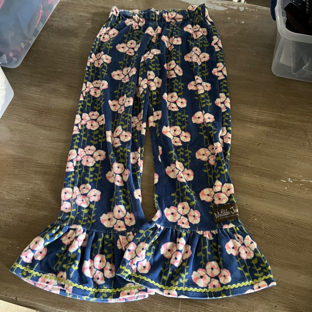Matilda Jane Girls 12 Blue Floral Velour Big Ruffle Ankle Pants Boho Cozy Soft